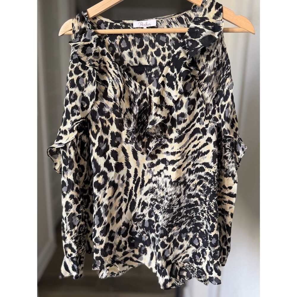 Parker 100% Silk Black & Cream Leopard Ruffle Cold-Shoulder Top XS